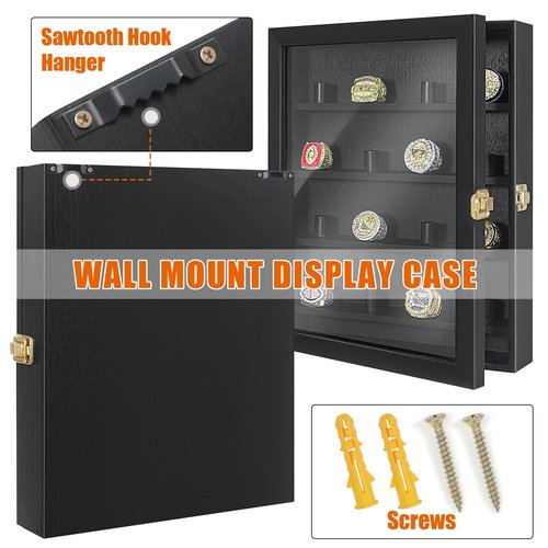 Championship Ring Display Case, 16 Posts Ring Display Case, 10 x 12 Wall Mount Shadow Box, Baseball Ring Holder, Black