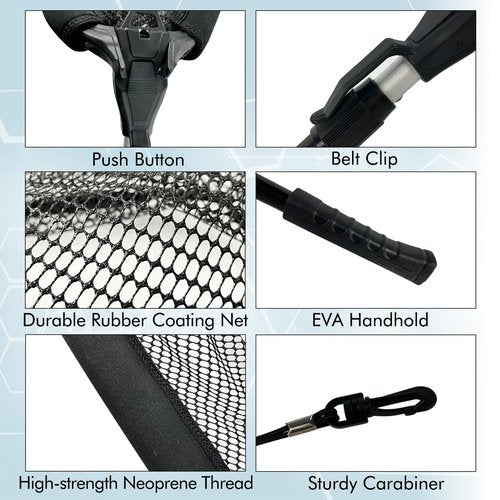 Black Paw Floating Fishing Net Foldable Fish Landing Net with Built in Length Scale Rubber Coated with Neoprene Foam - Black (Telescopic Pole)