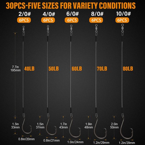 Dovesun 30PCS Circle Hooks Fishing Pre-Rigged Catfish Rig for Saltwater Freshwater Catfish Hooks with Wire Leader Five Sizes 2/0 4/0 6/0 8/0 10/0