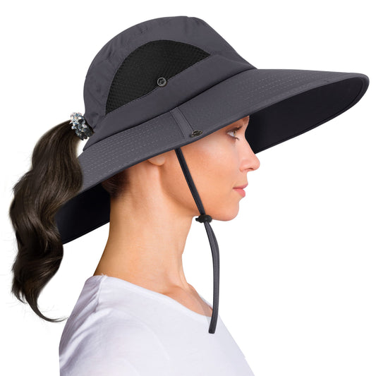 Leotruny Sun Hat with Ponytail Hole: Women Hat for Beach Fishing Hiking Camping Gardening - Outdoors Tribe UV Protection Hat Dark Gray