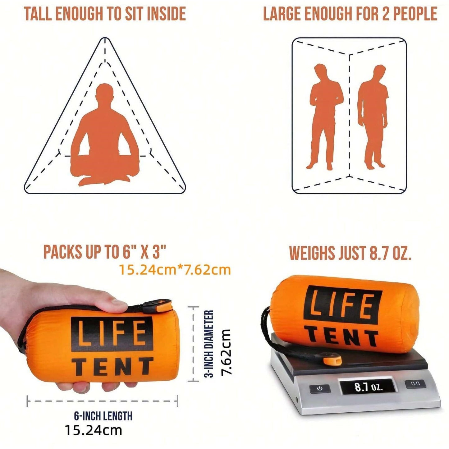 JUBSOSCAMP 1 PCS Emergency Tent, Polyester Film Storm Shelter Survival Shelter with Whistle Drawstring Bag for 2 Person Car Camping, Hiking&First Aid (Orange Suit)