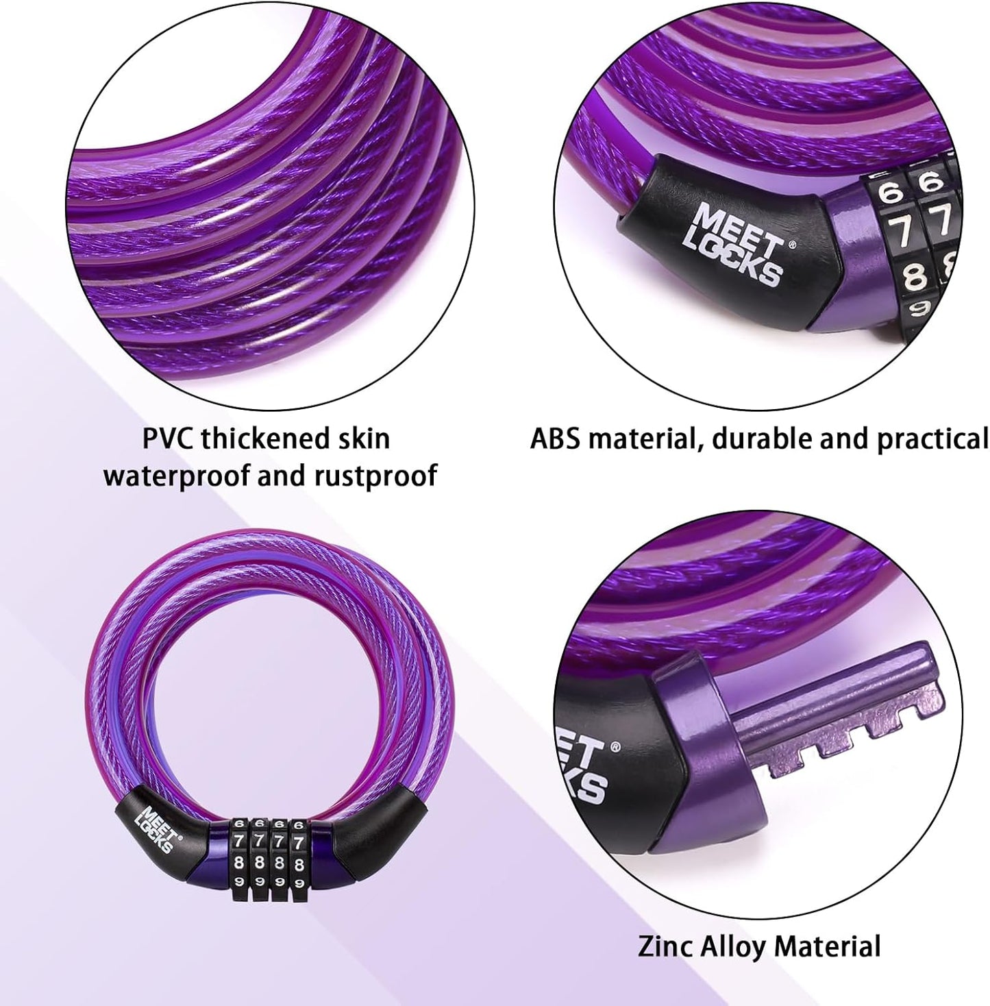 Combination Bike Cable Lock, Lightweight Mini Bike Lock for Kids Bike,Cable Size 1/3" x 4', Purple Security Resettable Cable Lock