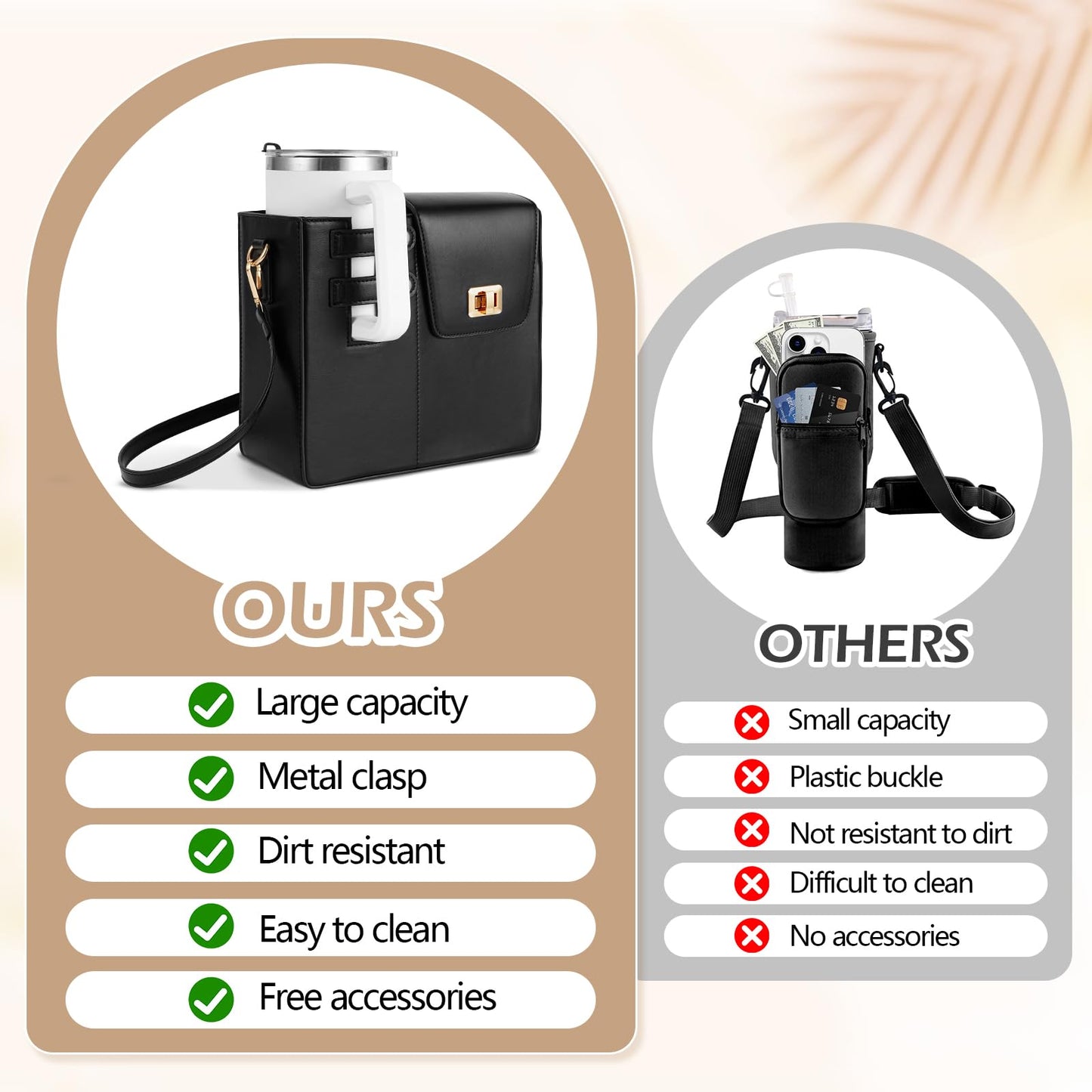 FACULX Outdoor Portable Crossbody Water Cup Storage Bag, Adjustable Crossbody Cup Holder Bag with Coin Purse and 2Pcs Replaceable Bag strap for Travel Daily Use (Black)