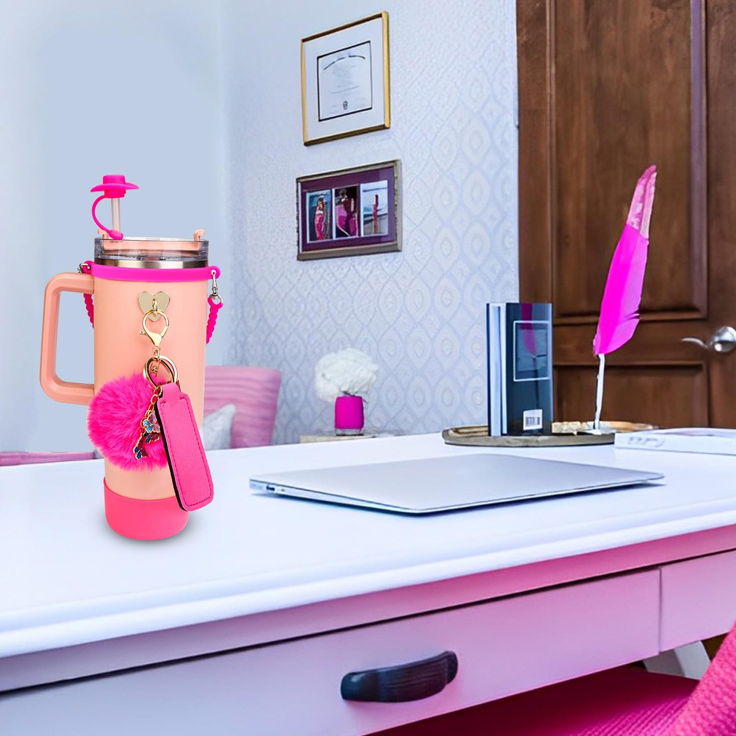 FOWSRHRG 9PCS Cup Accessories Set for Stanley Cup 30oz 40oz, Including Tumbler Name Plate, Water Bottle Handle Strap, Siliocne Cup Boot, Chapstick Holder, Straw Cover and Keychain Charms