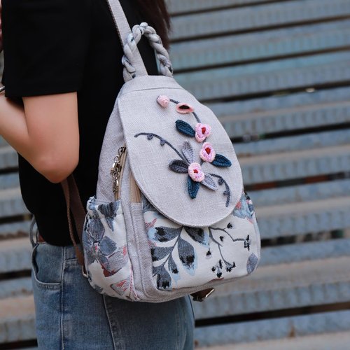 Ladies small backpack wallet, beautiful flowers summer fashion canvas leisure day ladies mini backpack, Beige