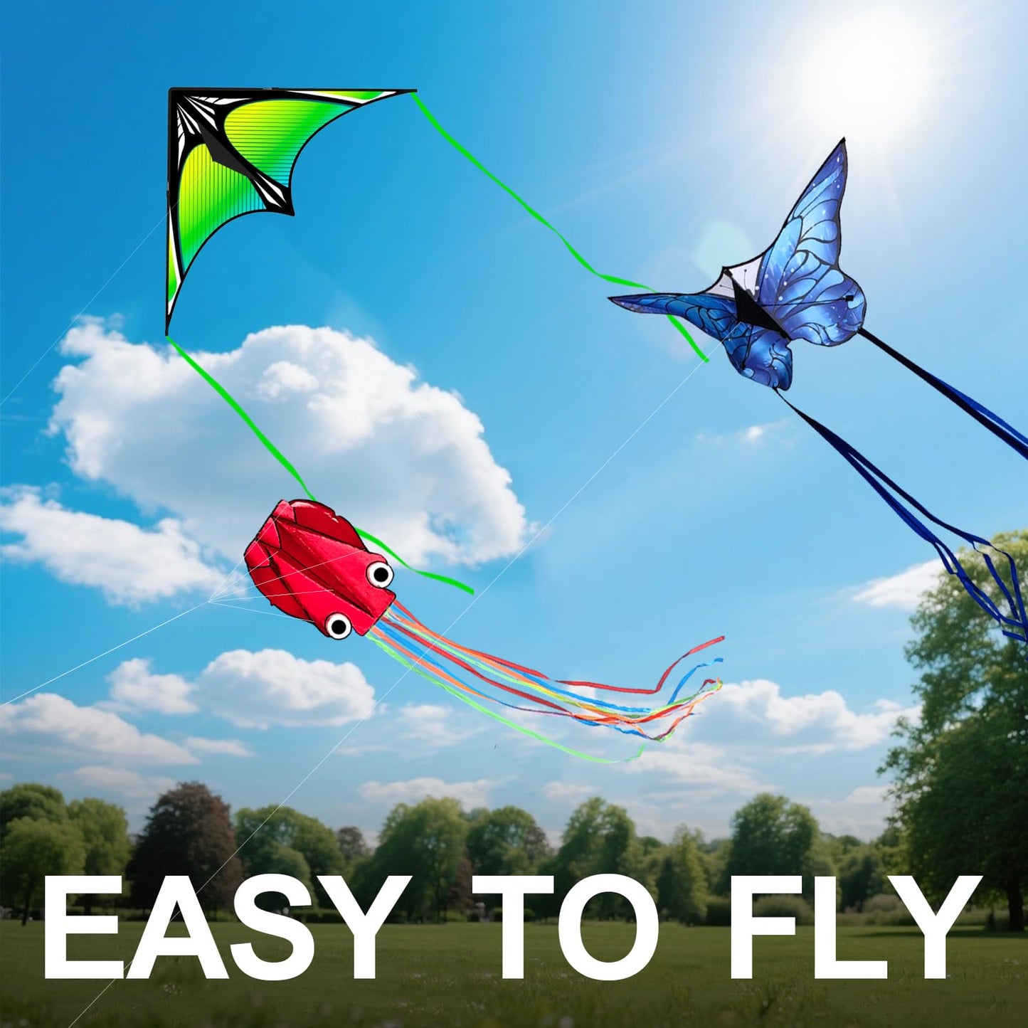 3 Pack Kite Set for Kids & Adults, Easy to Fly Kites for Beginners, Large Butterfly Delta Octopus Kite for Beach&Park&Outdoor Activities, Perfect for Family Outing(Green&Blue&Red)