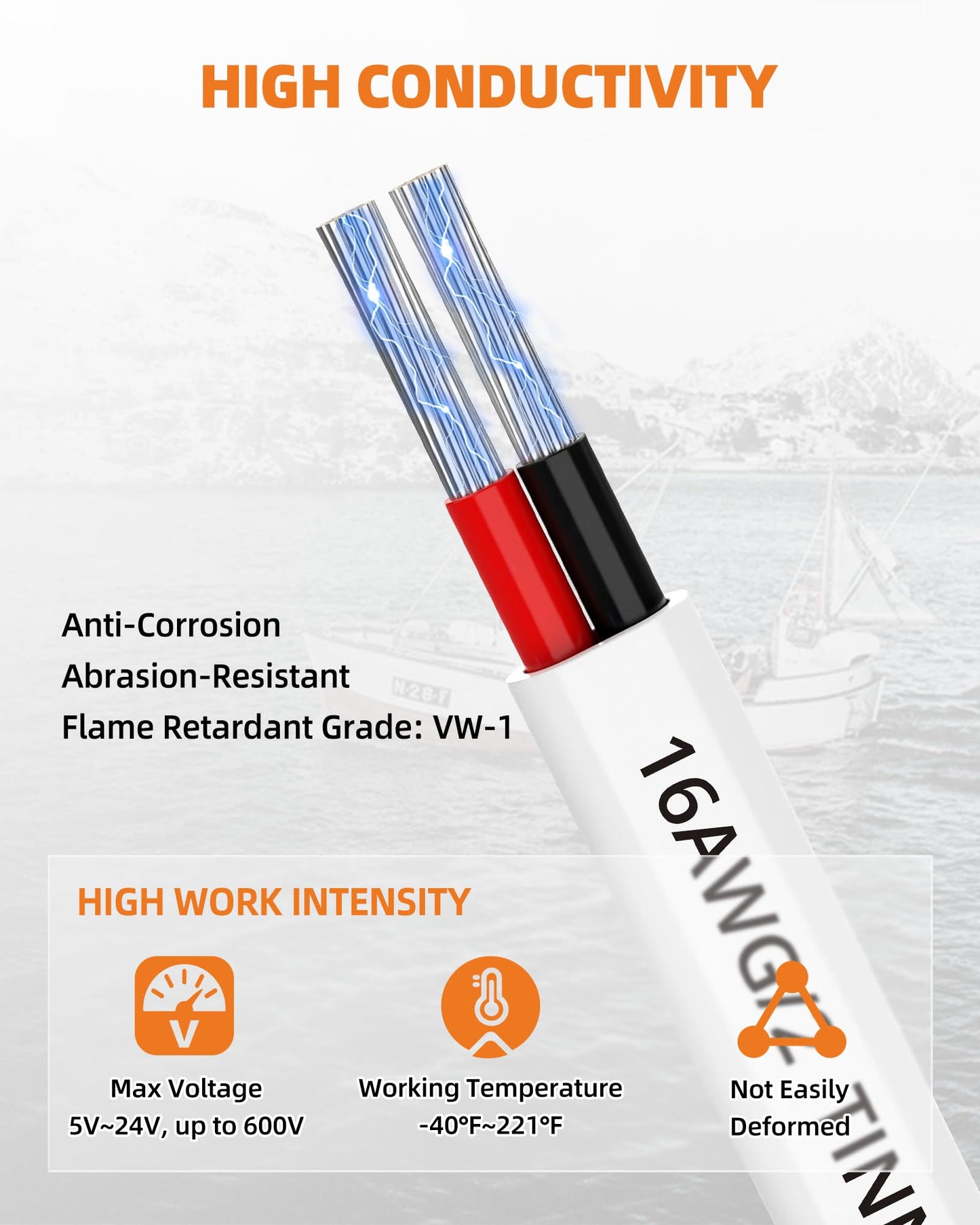 CONEPY 16 Gauge Marine Wire, 16/2 Duplex Marine Grade Cable, IP68 Waterproof/Oxygen-Free Tinned Copper Stranded PVC 16 AWG Wire for Boat, Automotive, RV, Solar, LED Strips (30FT)