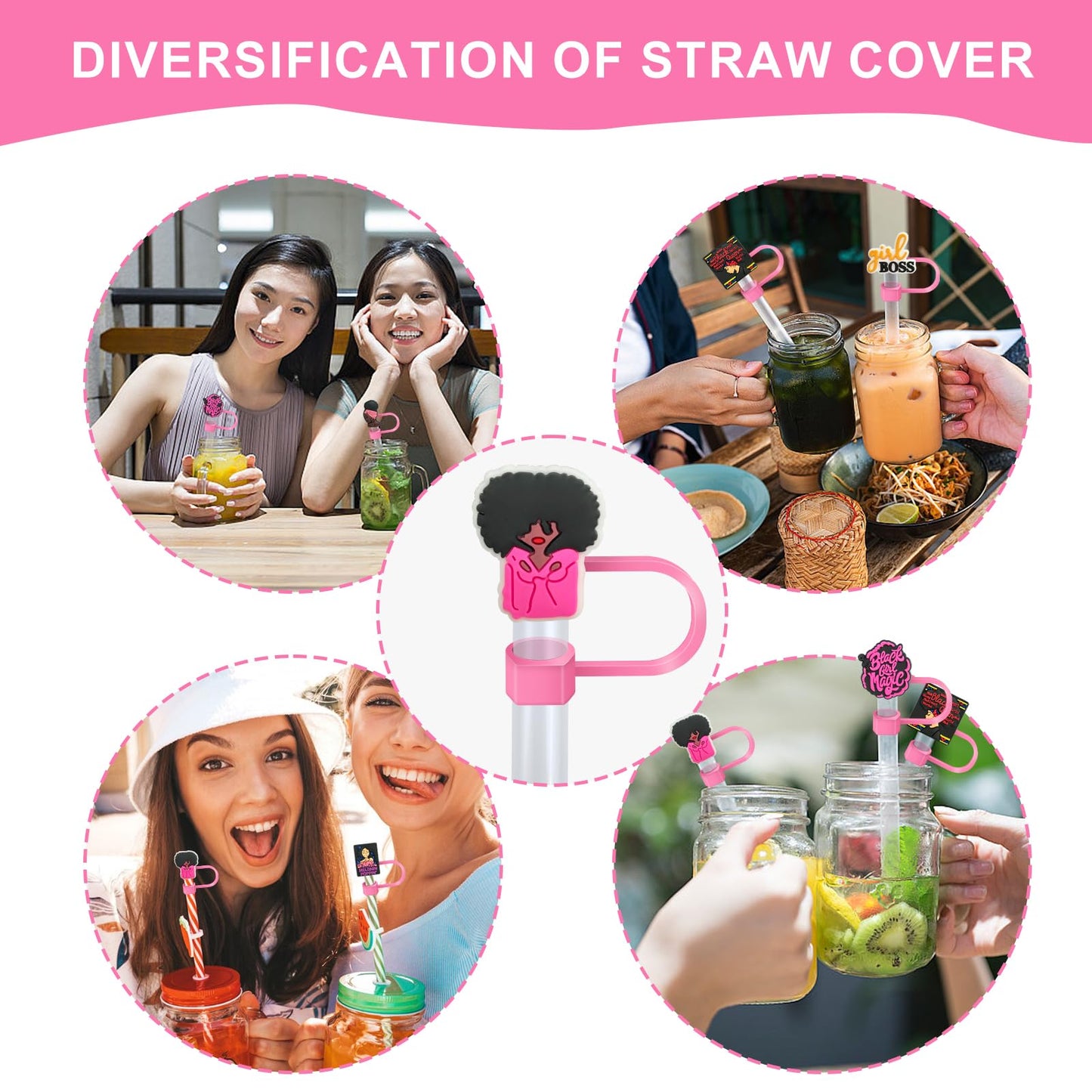 6 Pink Black Girl Straw Covers - Compatible with Stanley Cup, Reusable Silicone Straw Cover fits 0.4 Inch Straws
