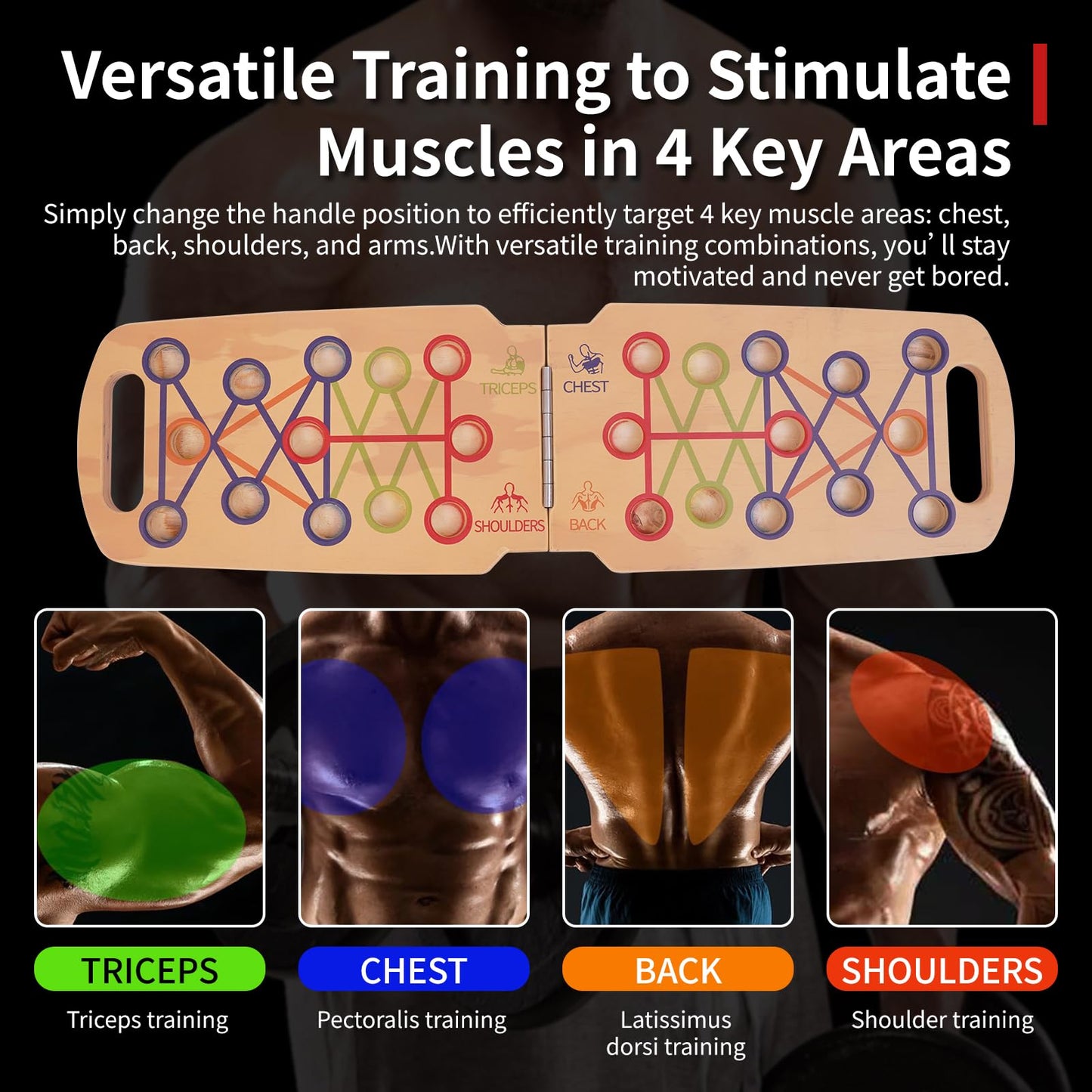 Foldable wooden Push up Board, Portable Push up Stand 14 in 1 Muscle Builder with Graphics Guide and 2 Solid Wood Pushup Handles, Pectoral and Biceps Strength Trainer