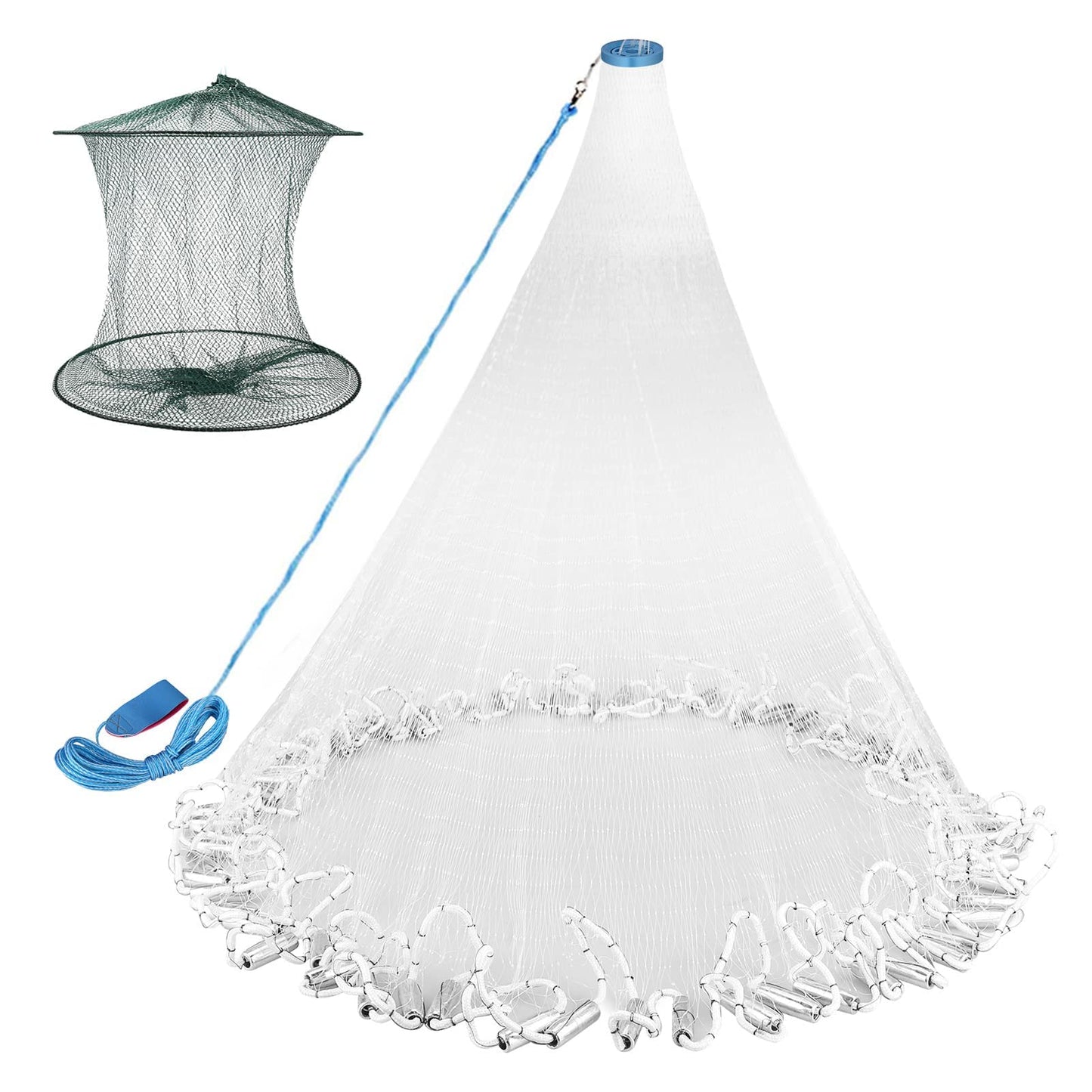 Neween Cast Net for Fishing with Shrimp Cage, American Freshwater Saltwater 3/4/5/6/7/8/9/10Ft Radius Casting Net Bait Trap Fish, Heavy Duty Zinc Sinker, 3/8 Inch Mesh Size