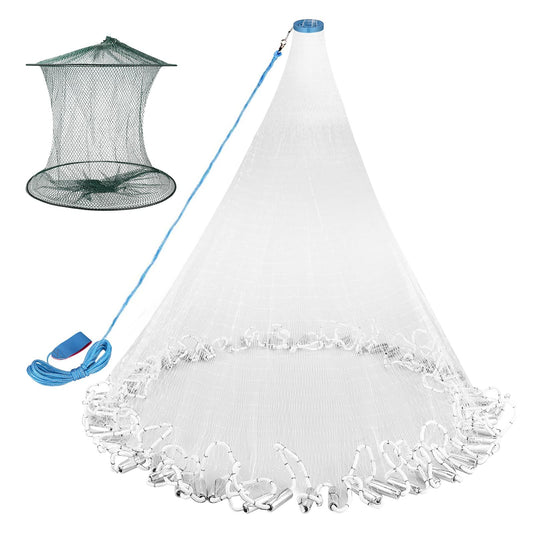 Neween Cast Net for Fishing with Shrimp Cage, American Freshwater Saltwater 3/4/5/6/7/8/9/10Ft Radius Casting Net Bait Trap Fish, Heavy Duty Zinc Sinker, 3/8 Inch Mesh Size