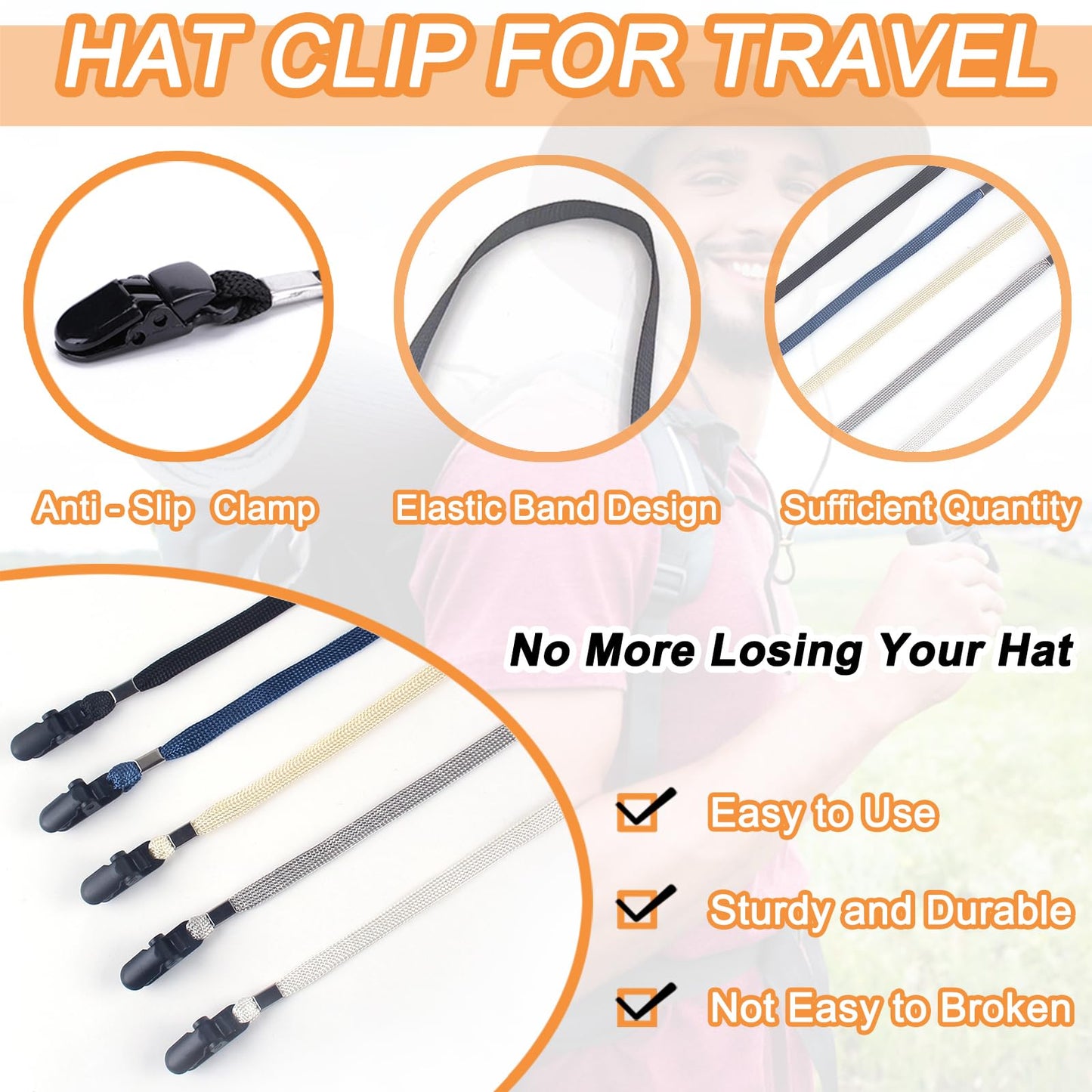 Anranmm 5-Piece Adjustable Hat Strap Clips Windproof Cap Anti-Loss Chin Cord for Travel, Golfing, Fishing, Short Light Gray