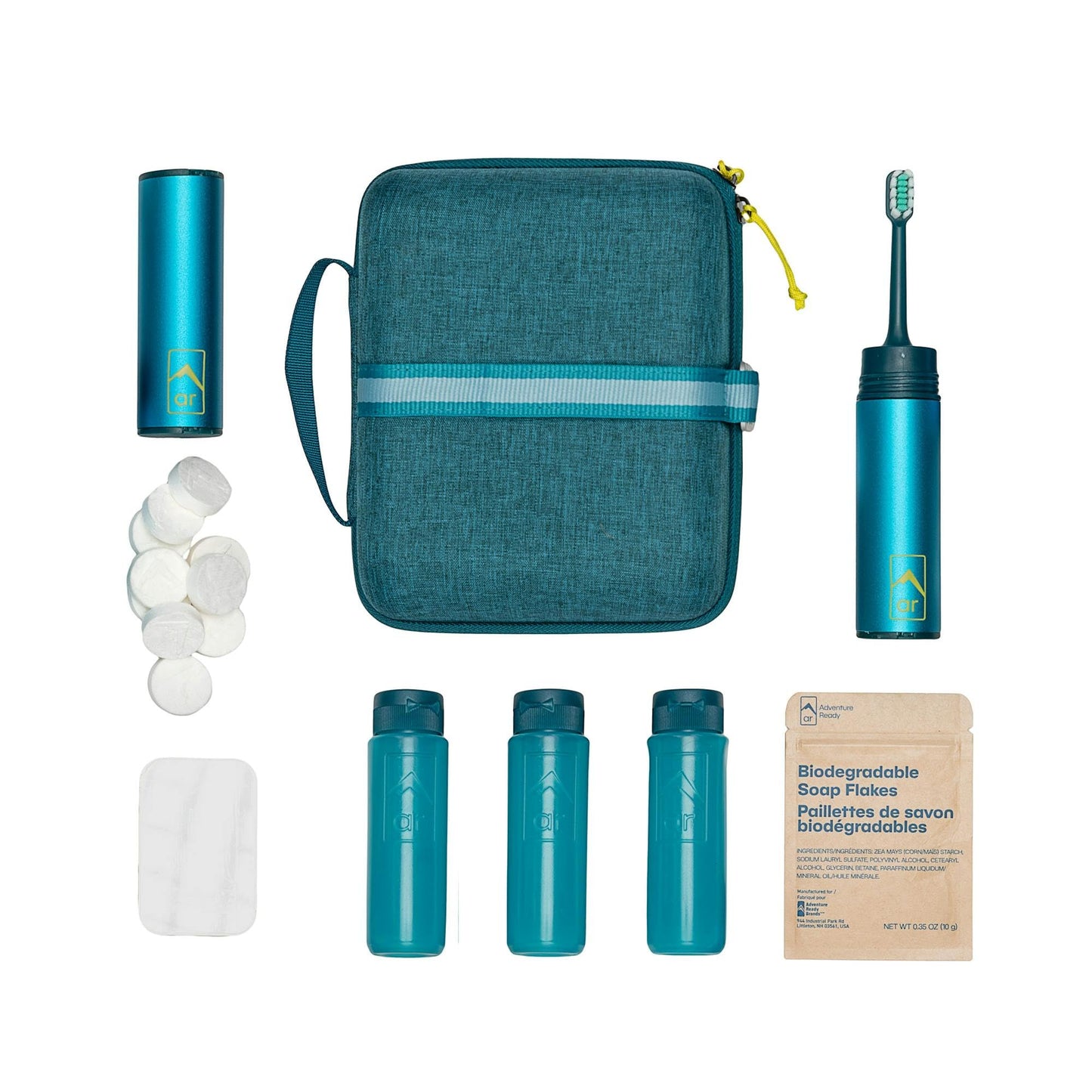 Adventure Ready Adventure Hanging Toiletry Kit - Camping Toiletry Bag with Soap Flakes, Compressed Towelettes, Toothbrush, Mirror & More
