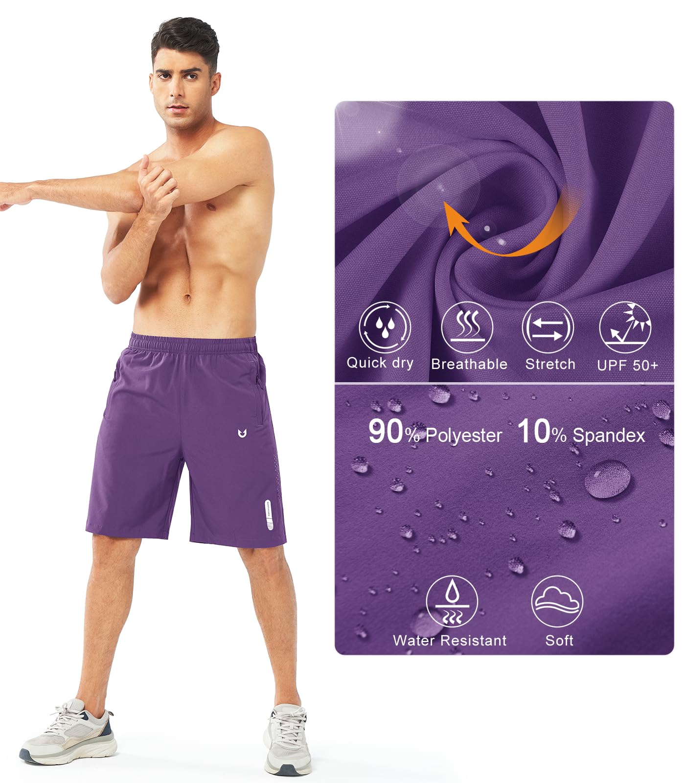 NORTHYARD Men's Athletic Running Shorts Gym Workout 7"/9"/5" Quick Dry Lightweight Sports Basketball Tennis 3 Zipper Pockets PURPLE-9inch M