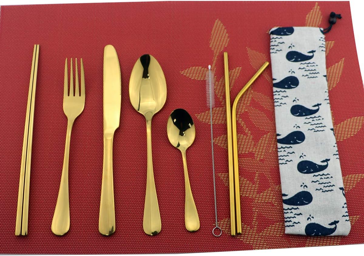8 Pieces Stainless Steel Mirror Poblished Flatware Set Reusable Cutlery Set Travel Utensils Set with Straws for Camping Office or School Lunch,Dishwasher Safe (Rose Gold)
