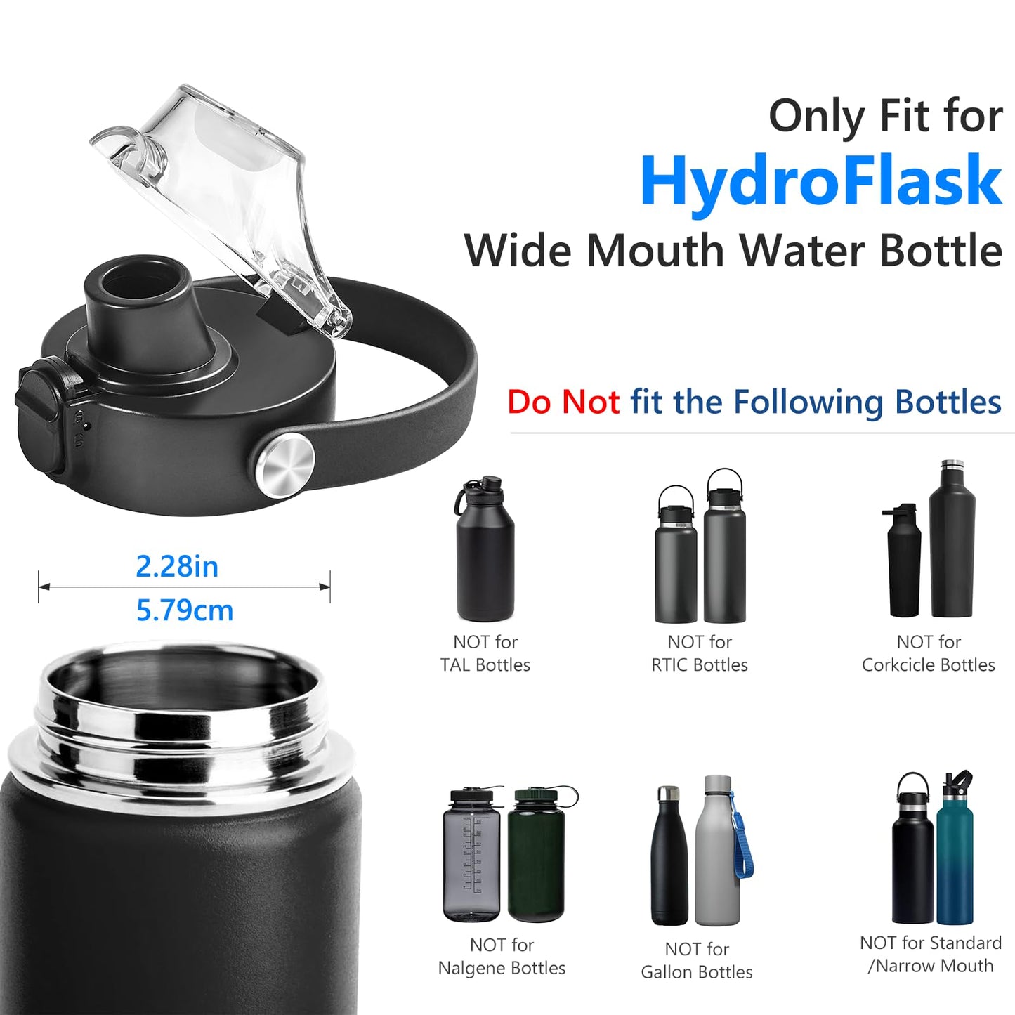 Auto Spout Lid for Hydro Flask Wide Mouth 12-64 oz Bottles, Flip Top Replacement Lid for HydroFlask Wide Mouth Bottles with Button Lock & Soft Handle