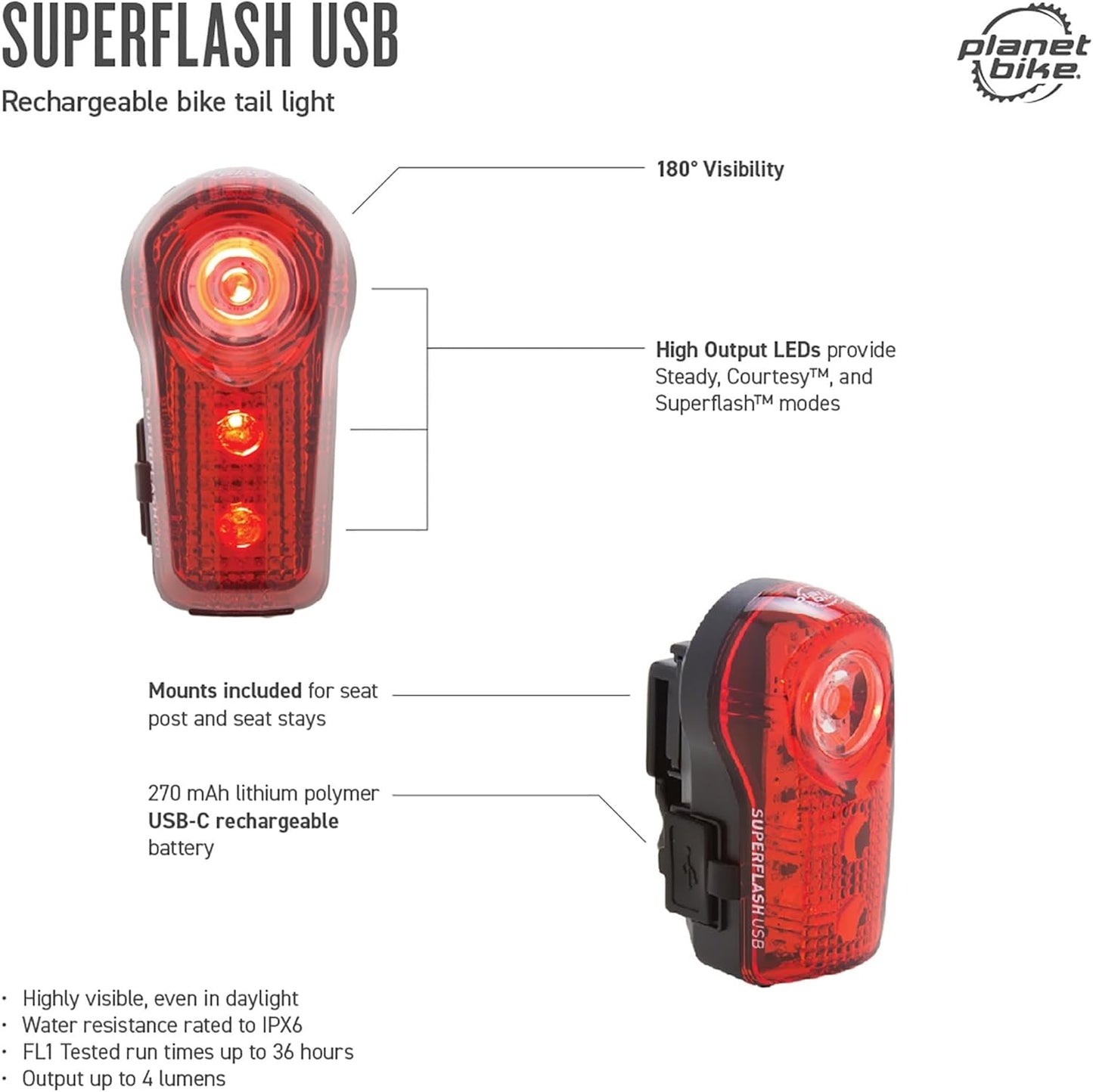 Superflash USB Bike Tail Light by Planet Bike - Bright, Waterproof & Rechargeable