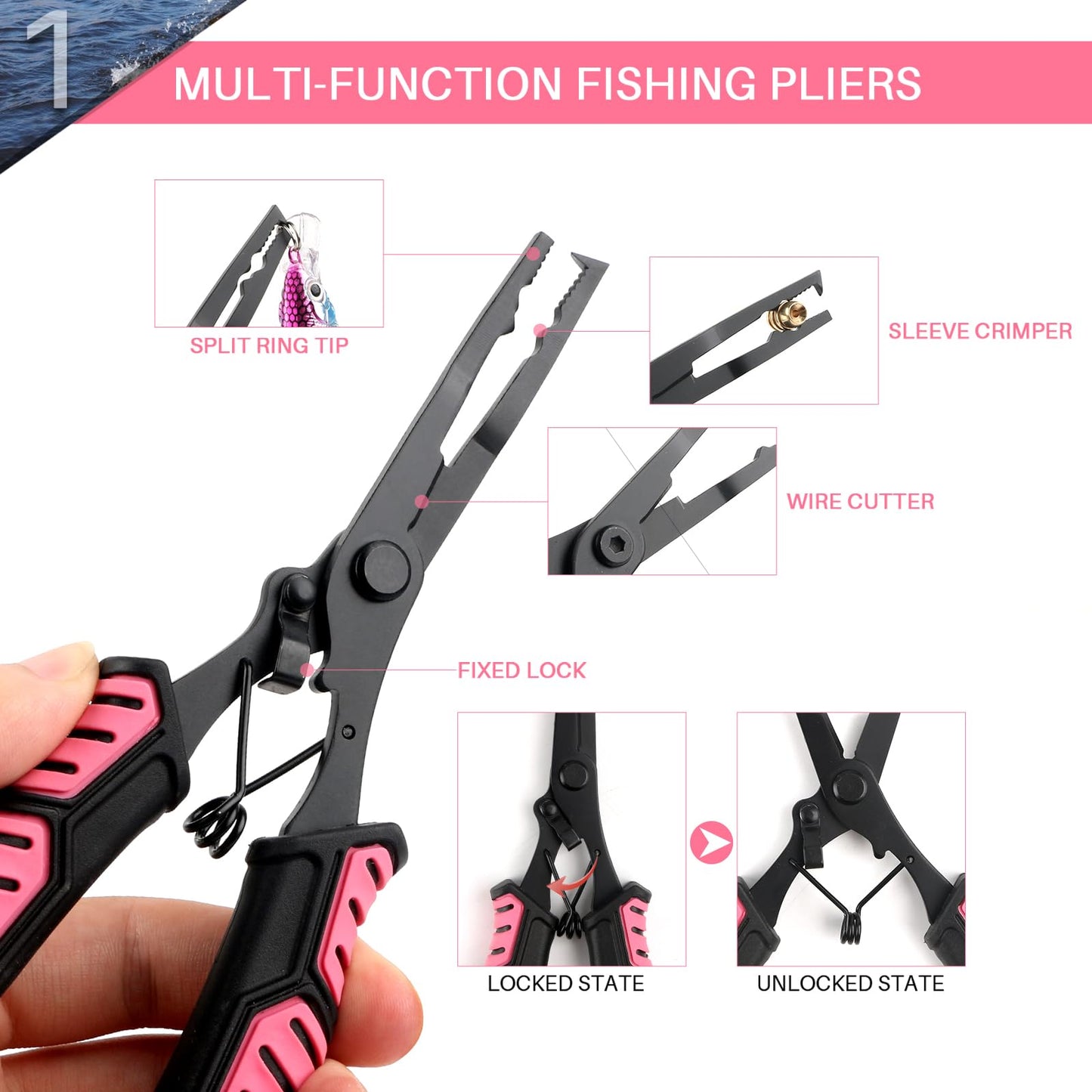 mouhike Fishing Pliers Fish Lip Gripper Fishing Tool Kit Muti-Function Saltwater Fishing Line Cutter Hook Remover with Sheath Lanyard, Fly Ice Fishing Gear Fishing Gifts for Men Women (Pink & Black)