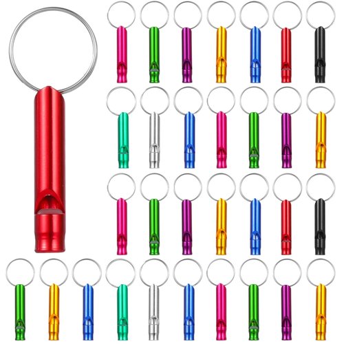 YHomU 100 PCS Emergency Whistles with Keychain, Mini Emergency Whistle Assorted Color, Aluminum Alloy Survival Whistle with Key Ring for Outdoor Camping Hiking Hunting Fishing PE Classes Dog Training