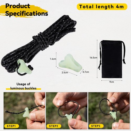 HIKEMAN Ultralight Tent Guy Ropes - 2mm Reflective Guyline,UHMWPE Camping Guide Rope with Luminescent Tensioner for Outdoor Camping Hiking Awning Tents (Black, 4M)