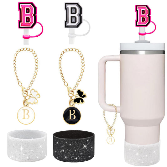 AUREHEN Letter Charm Accessories & Initial Straw Cover Cap & Protective Glitter Silicone Boot for Tumbler 20-40oz & Water Bottle 12-24oz and More Bottles Tumblers
