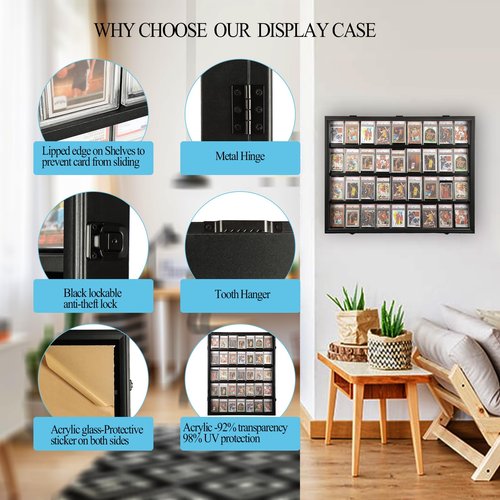 Odjaraye Graded Sports Card Display Case - 36 Baseball Card Display Case - Lockable Trading Card Frame Wall Display with UV Protection for Football Basketball Hockey Cards,Black