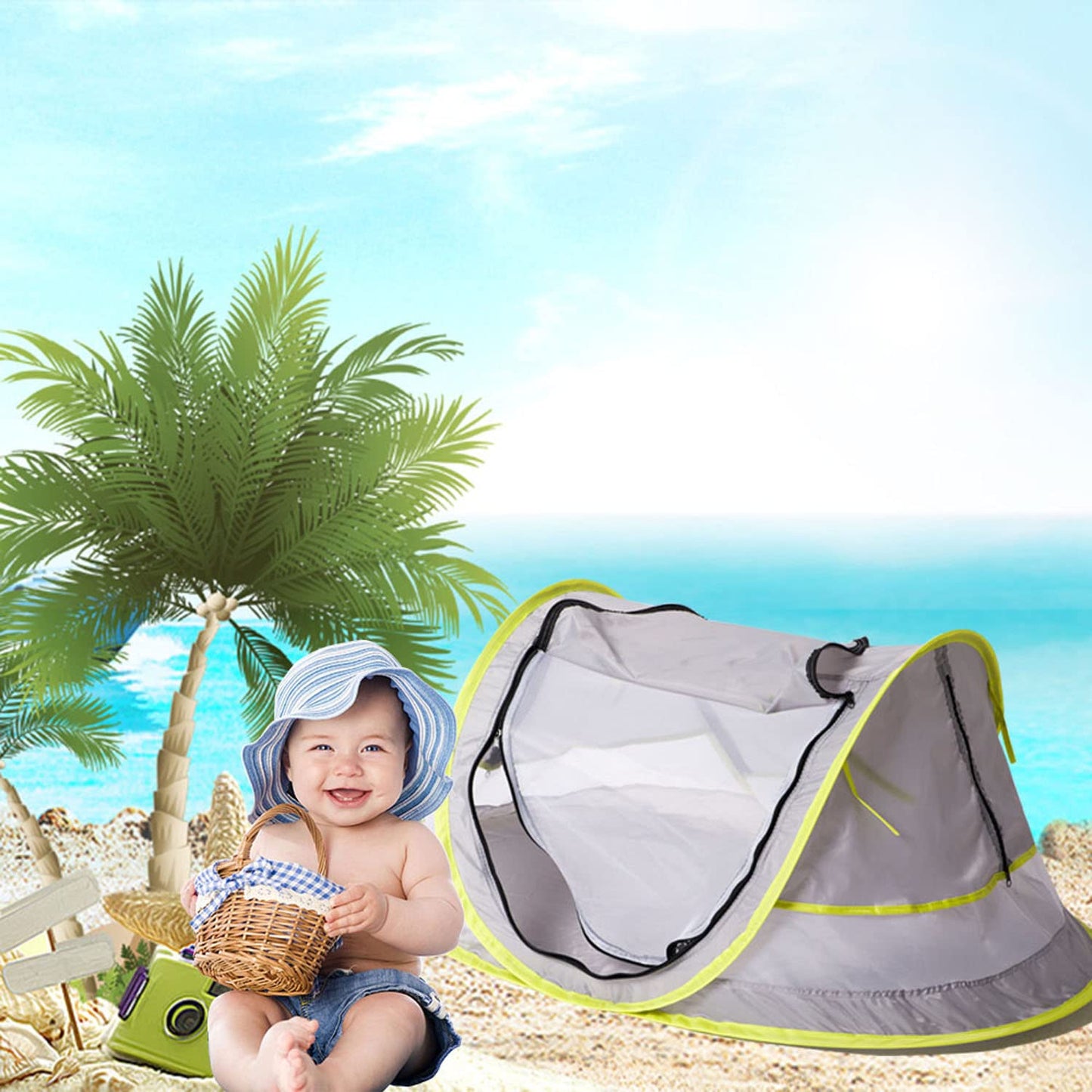 Baby Beach Pop Up Tent - UPF 50+ Sun Shade with Mosquito Net, Sun Shelter for Girls Boys, Beach Umbrella for Infant (Green)
