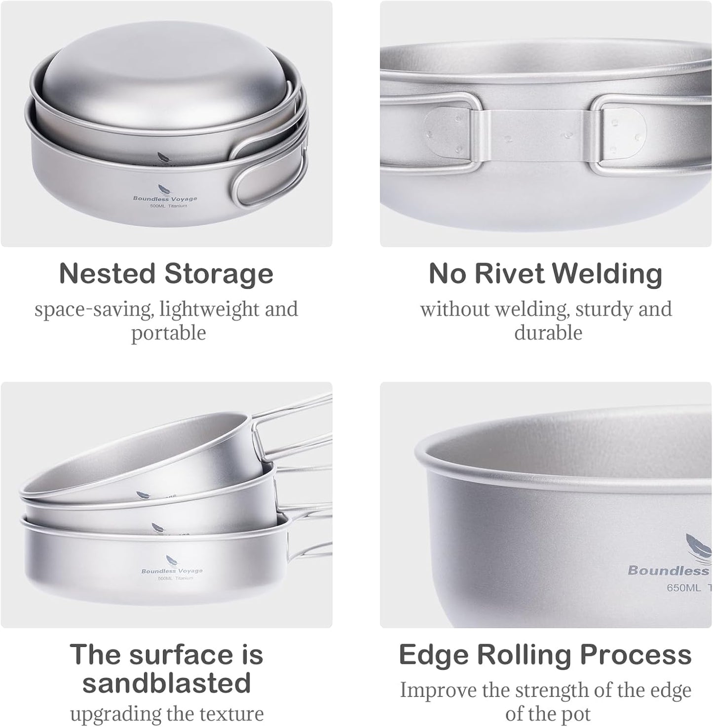 iBasingo 3-Piece Set Titanium Pot Set Camping Cooking Pan with Folding-Handle Outdoor Camp Cookware Pot Sets