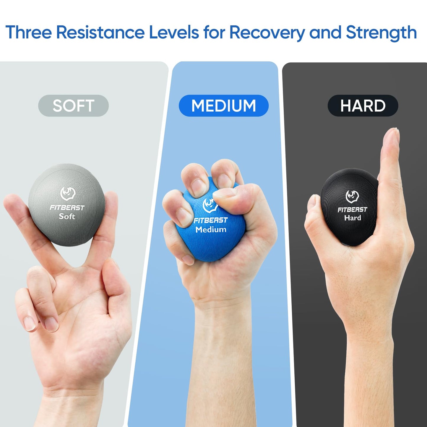 FitBeast Grip Strength Trainer, Finger Exerciser, Stress Balls for Adults, Hand Therapy for Strength, Recovery & Stress Relief, Forearm Strengthener for Men, Women & Seniors (6-Piece Cool Tones)