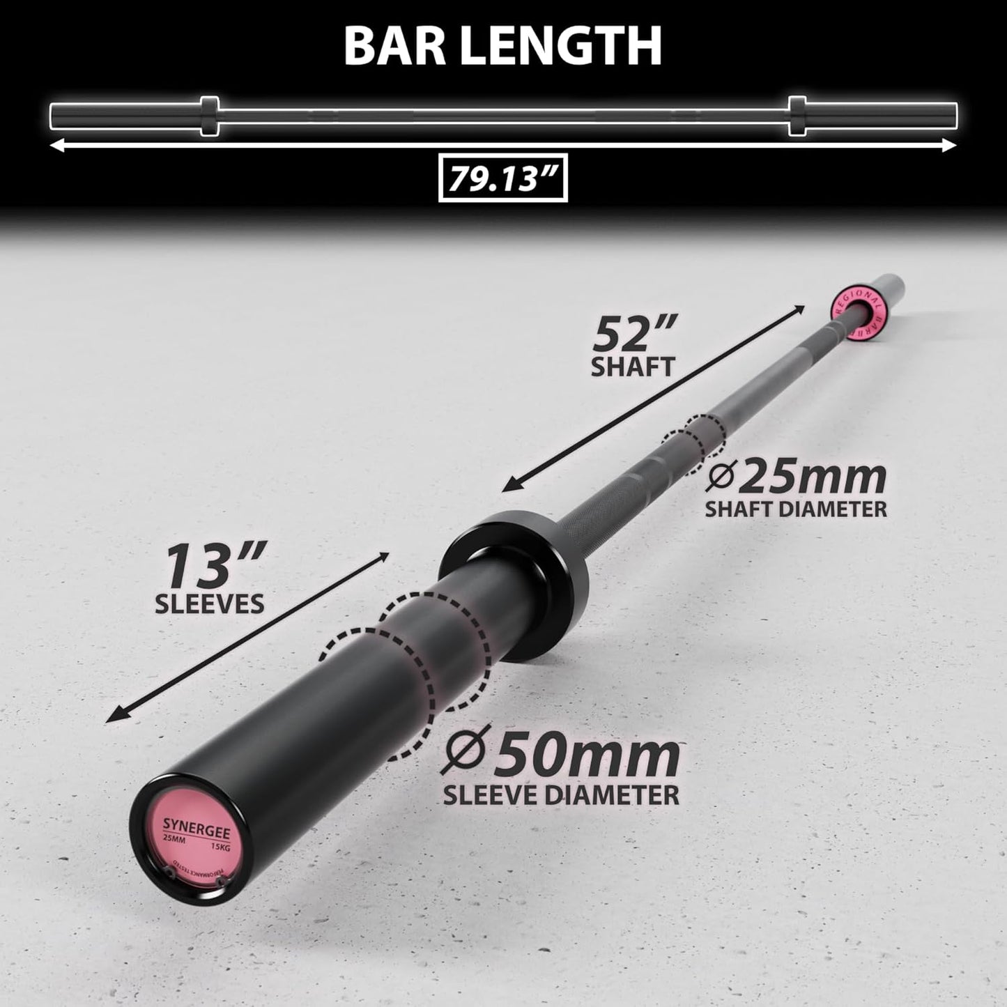 Synergee Regional Olympic 20kg Men’s and 15kg Women’s Hard Chrome & Black Phosphate Barbells. Rated 1500lbs for Weightlifting and Powerlifting.
