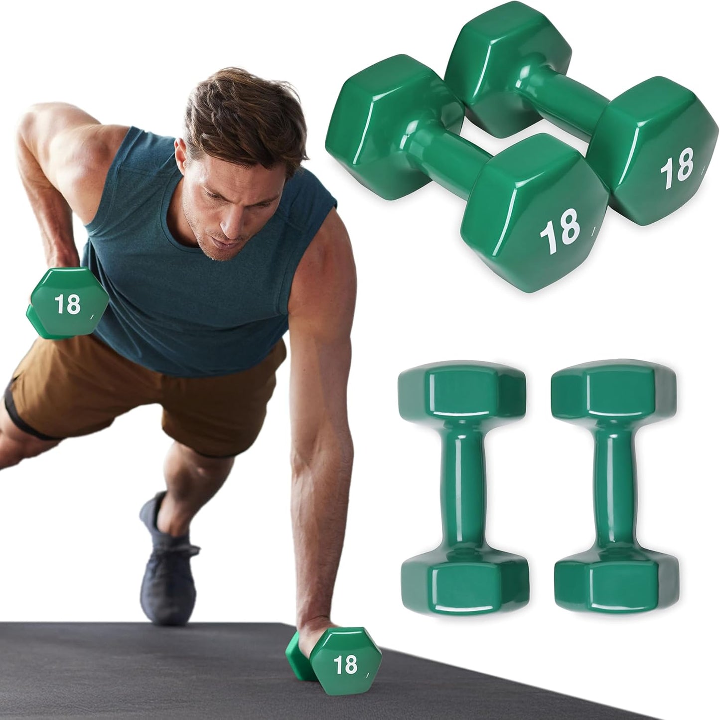 SPRI Dumbbells Hand Weights Set of 2 - Vinyl Coated Exercise & Fitness Dumbbell for Home Gym Equipment Workouts Strength Training Free Weights for Women, Men (1-10 Pound, 12, 15, 18, 20 lb)