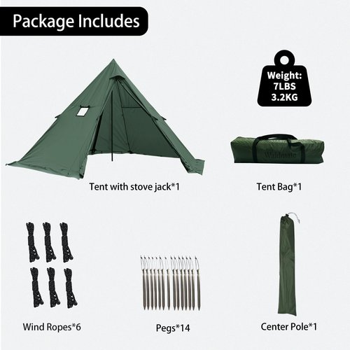 Hot Tent with Stove Jack, 6.89ft Standing Room with Snow Skirt, 2~4 Person, Tipi Tent for Family, Hiking, Fishing, Hunting, Backpacking Camping