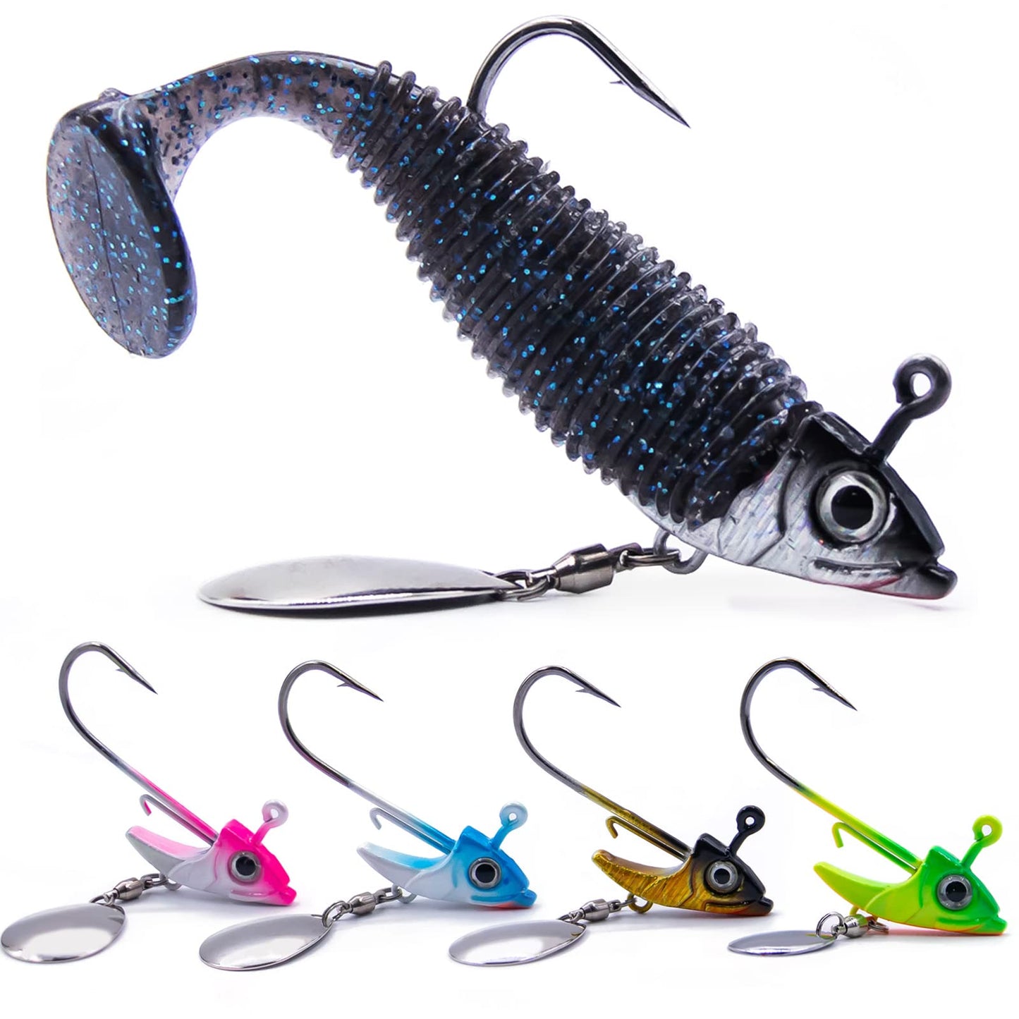 FishTrip Underspin Jig Heads Hooks - 1/4 oz,3/8 oz,1/2 oz Swimbait Jig Head with Spinner Blade for Fishing Saltwater Freshwater 5pcs - 1/4 oz
