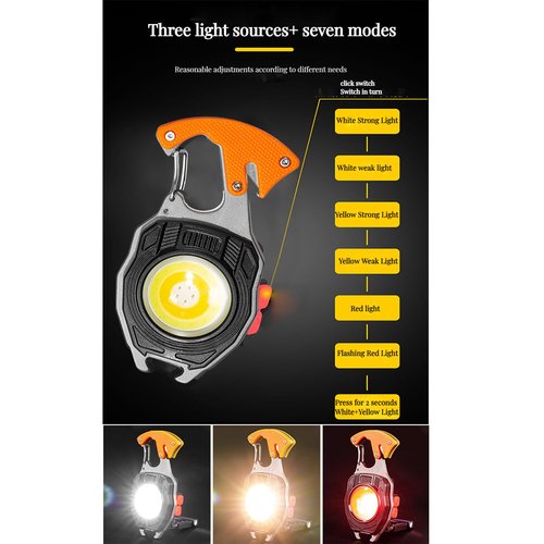 HELINYAN Keychain Portable COB Flashlight, Multifunction LED Pocket Light, Rechargeable Emergency Lighting, 7 Light Modes Magnet Base Multi-Tool Emergency Light for Camping Hiking Fishing Car Repair