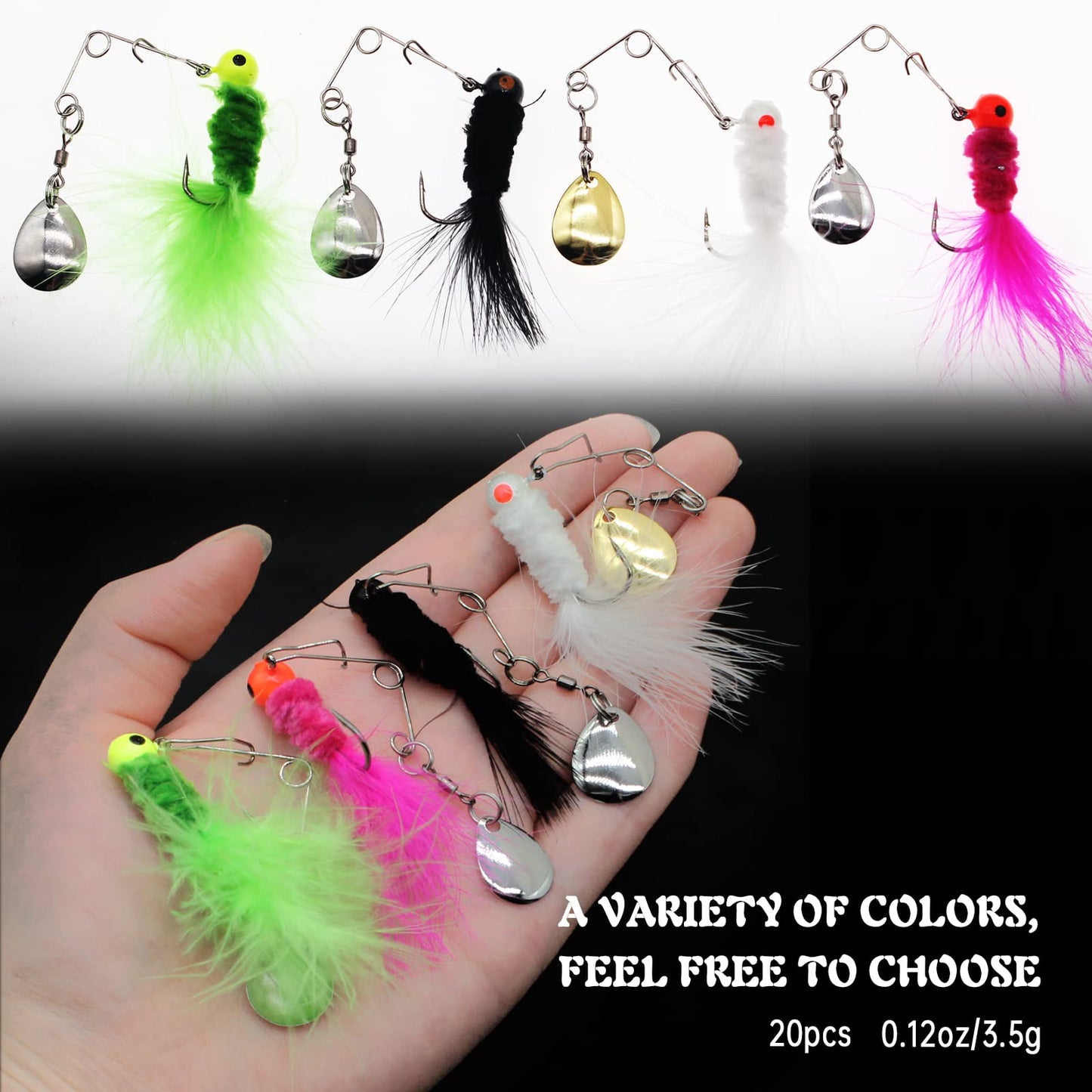 FishingPepo 20 Pcs Fishing Jig Marabou 1/8oz Feather Crappie Jig Heads with Spinner Blades Baits jiging Lures Lead Head Fishing Jig Hooks for Walleye Bass Fishing Accessories