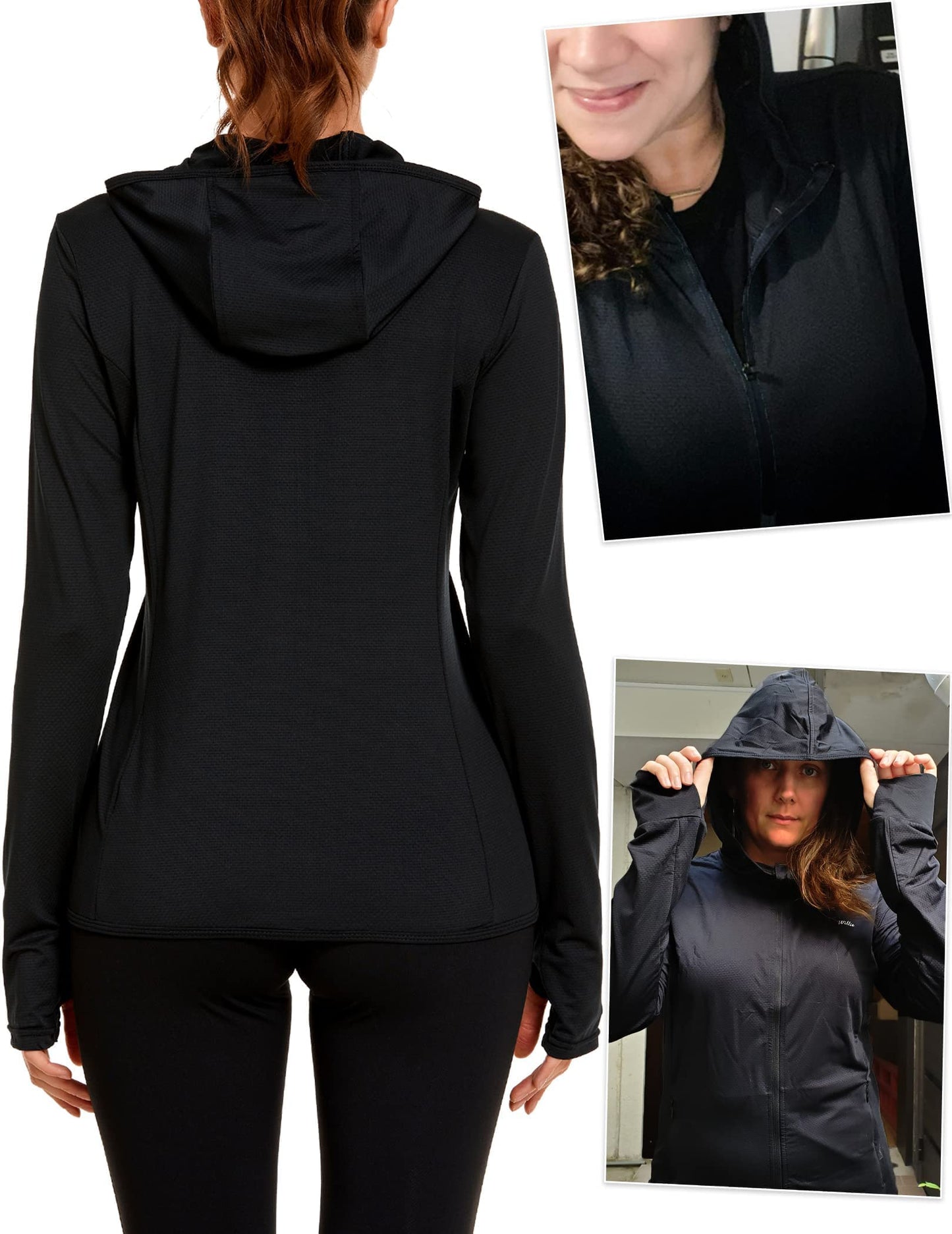 COOrun Women's UPF 50+ Sun Protection Hoodie Jacket Lightweight Full Zip Running Jacket Athletic Workout Top with Thumb Holes Zipper Pockets Black S