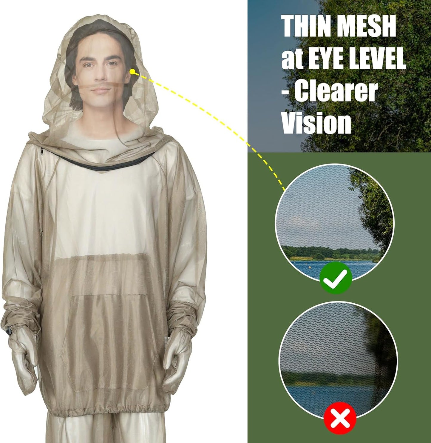 HOMEYA Bug Jacket L/XL, Anti Mosquito Netting Suit with Zipper on Hood Ultra-fine Mesh Pants Mitt Socks with Free Carry Pouch for Protecting Hunting Fishing Men Women