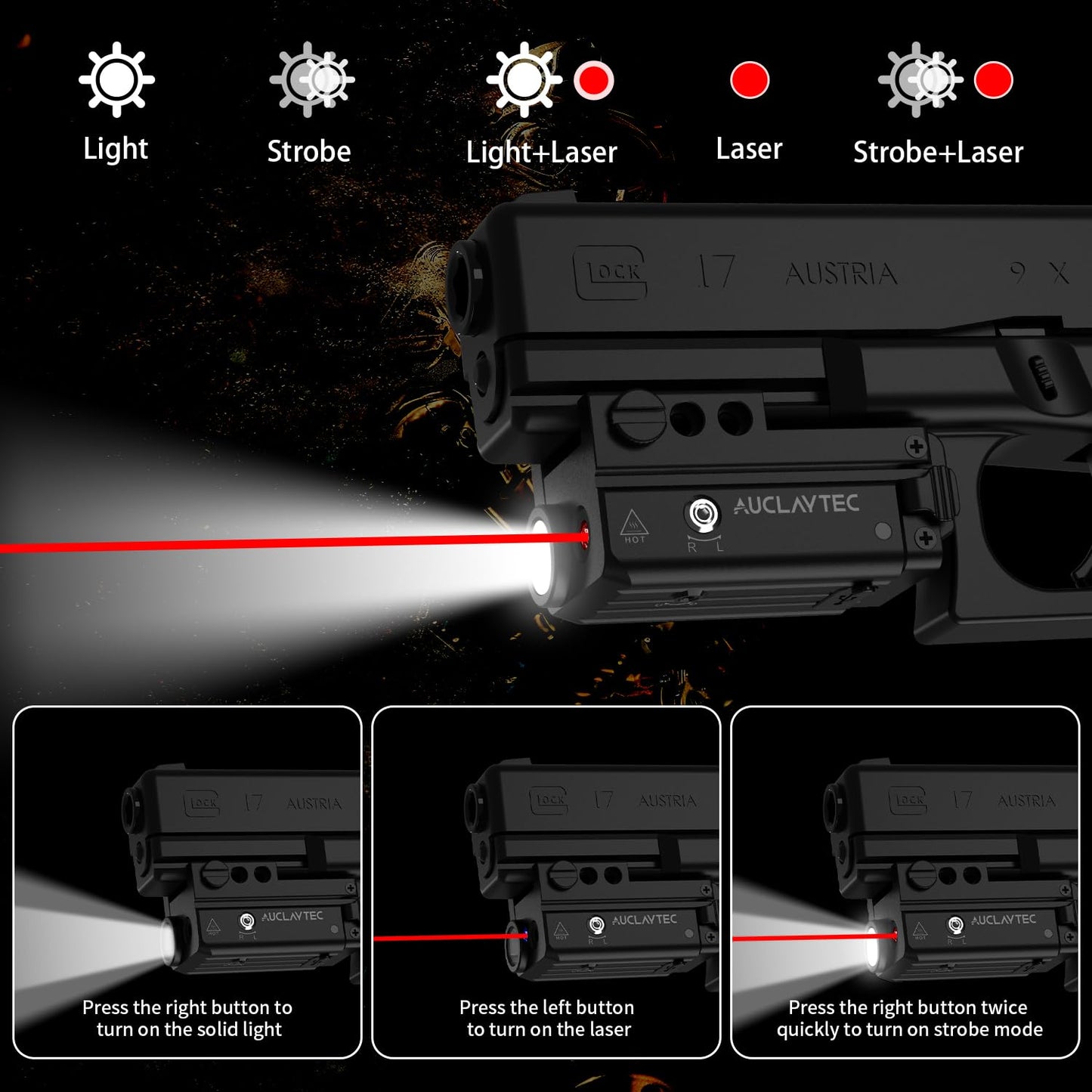 AUCLAYTEC 450 Lumen Pistol Flashlight Red Beam Laser Light Combo Gun Light, Compact Pistol Laser Flashlight Combo USB-C Rechargeable Tactical Flashlight for GL or Picatinny Rail