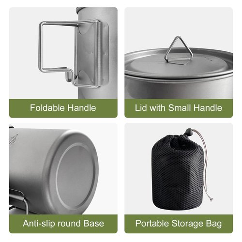 LSOSVSEU Titanium Pot with Lid, 750ML (25.4oz), Silver, Uncoated, Lightweight & Portable, Foldable Handles, Camping Cooking Pot, Includes Pot, Lid, Carry Bag