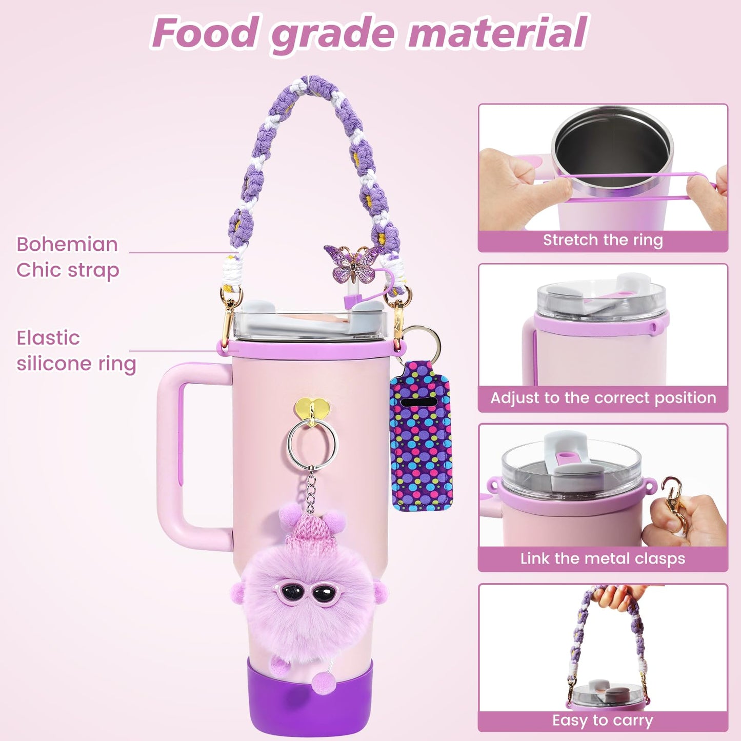 12PCS Stanley Cup Accessories Set,Decoration, Include Water Bottle Handle Strap, Boot, Straw Cover, Chapstick Holder, Charm for Stanley Cup 40oz30oz Tumbler,Purple