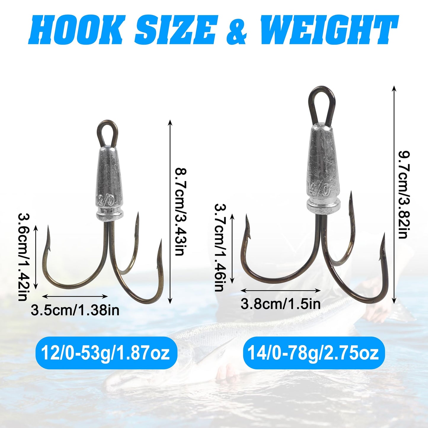 5 Packs Snagging Hooks Snagging Weighted Treble Hook,Fishing Hooks Bunker Snag Hooks for Saltwater Freshwater Bass Trout Walleye 4 Sizes 1.02oz,1.4oz, 1.9oz,2.8oz (14/0-5pcs)