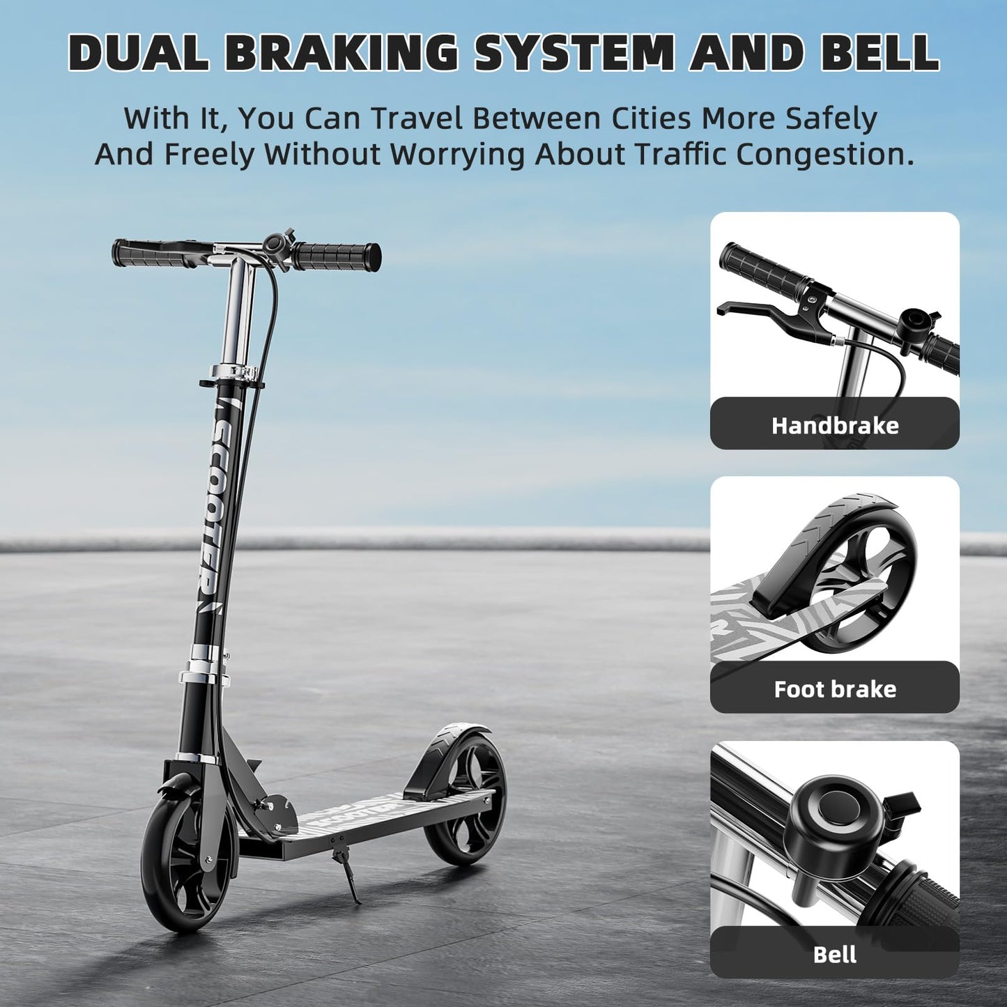 Scooters for Kids 8-12, Teens & Adults - Lightweight, Foldable, 8-Inch Big Wheels, Hand Brake & Bell, 4 Adjustable Height Levels, 240 lbs Max Load - Perfect for School, Campus and Park Rides Black