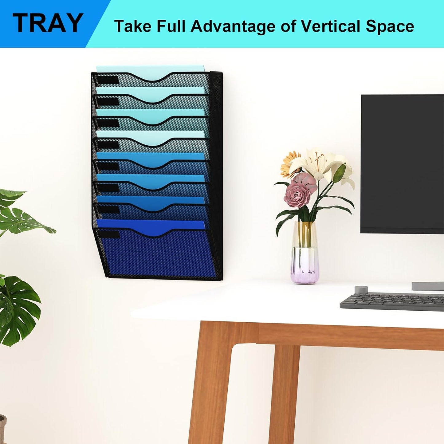 5 Pockets Mesh Hanging Wall File Holder Organizer Wall Mounted Paper Magazine Rack, Black