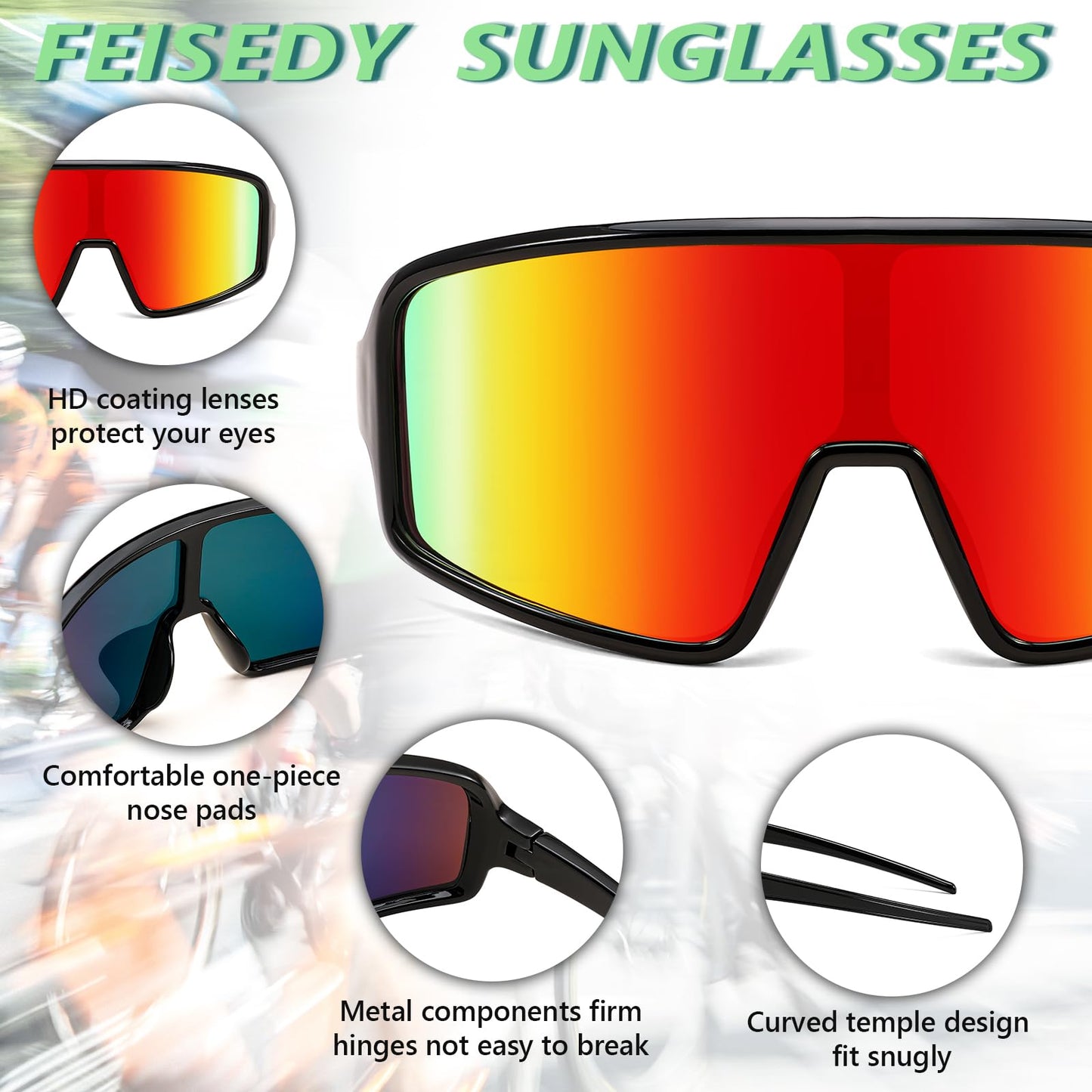 FEISEDY Men Women Cycling Sports Sunglasses Fishing Running Trekking Baseball 80s 90s Shield Sunglasses B2962