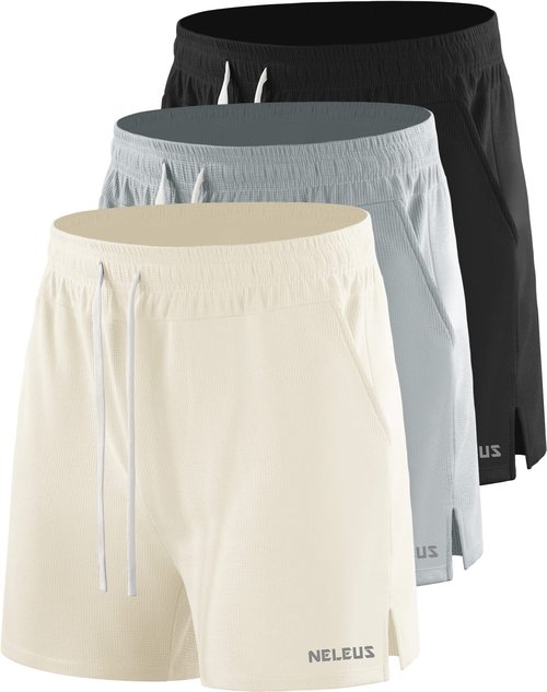 NELEUS Men's 3 Pack Running Shorts with Pockets,3D Honeycomb Thick Fabric,6112, Black/Light Grey/White,L