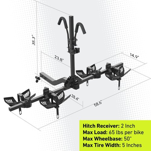 Vibrelli Hitch Bike Rack - 2 Ebike Rack - Fits Fat Tire, Mountain Bike, Electric Bikes, Road - 65lbs per Bike - Patented Anti-Wobble - Cars & SUV - Tilting Folding Platform Car Racks, 2-Inch Receiver