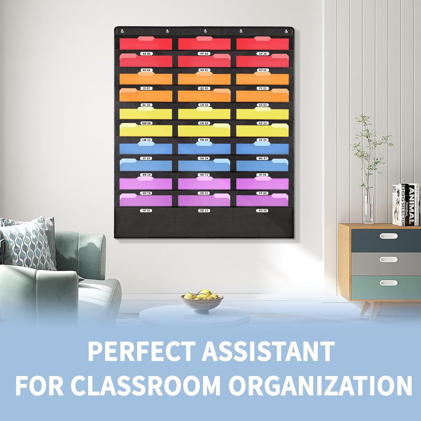 Annecy 10 Pockets Hanging Wall File Organizer, Black Storage Pocket Chart for File Folder and Paper, Space Saver for Office and Classroom, with Wall Hangers, Over The Door Hooks, Labels