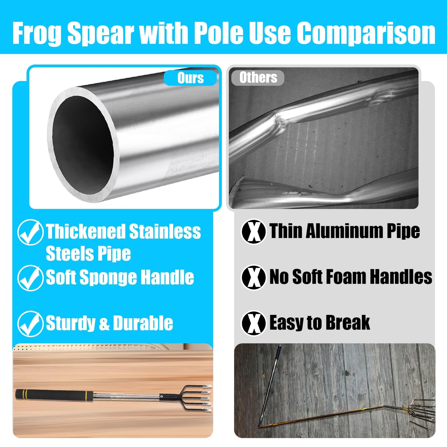Frebuta Frog Gigging Pole,2 to 6Ft Fishing Gig Gaff with Barbed 5-Prong Harpoon Stainless Steels Flounder Gig Extension Pole Long Handle with Spong Handle Hunting Bullfrog Spears Fish Hook Sturdy