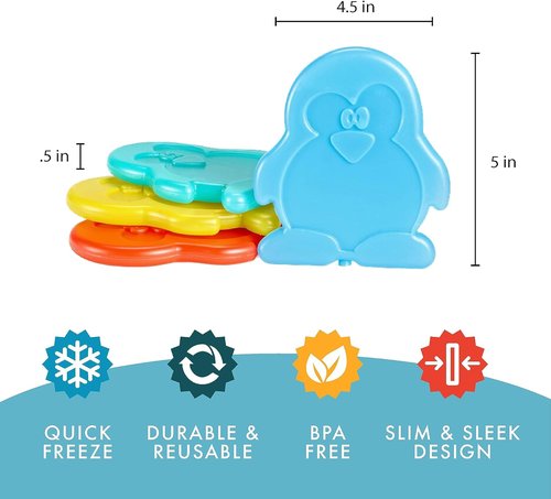 Cool Coolers Slim Ice Packs for Kids Lunch Boxes - Reusable Multicolored Set of 4 (Penguin)