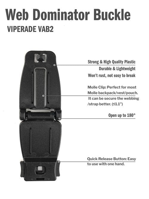 VIPERADE VAB2 10 Pack Multipurpose Molle Clip for 1" Molle Webbing, Web Dominator Buckle, Tactical Molle Strap Management for MOLLE Webbing Attachment Backpacks/Pouch/Bag (Black)